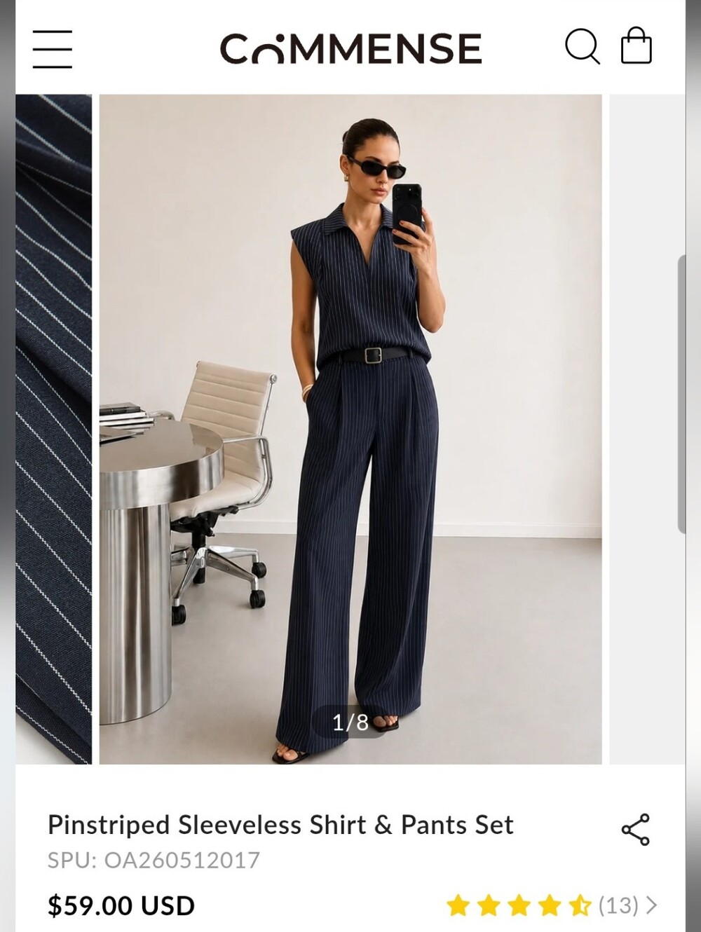 Commense Navy Pinstriped Sleeveless Shirt & Pants Set Small